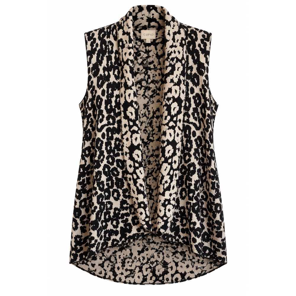 Cupio Womens XL Animal Leopard Print Draped Open Front High Low Knit Vest Black